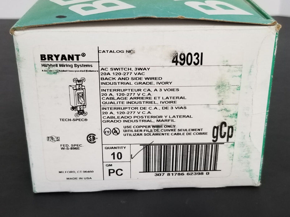 BOX OF 8 NEW BRYANT 4903-I 3-WAY AC SWITCHES 20A 120-277VAC IVORY 4903I