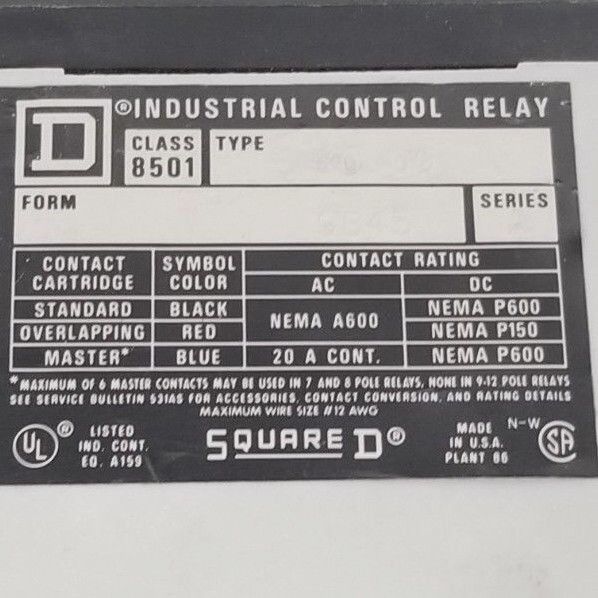 SQUARE D 8501-X0-00 CONTROL RELAY 9845 SER. A 9998-X62 W/ 8501XC1 RELAY CONTACTS