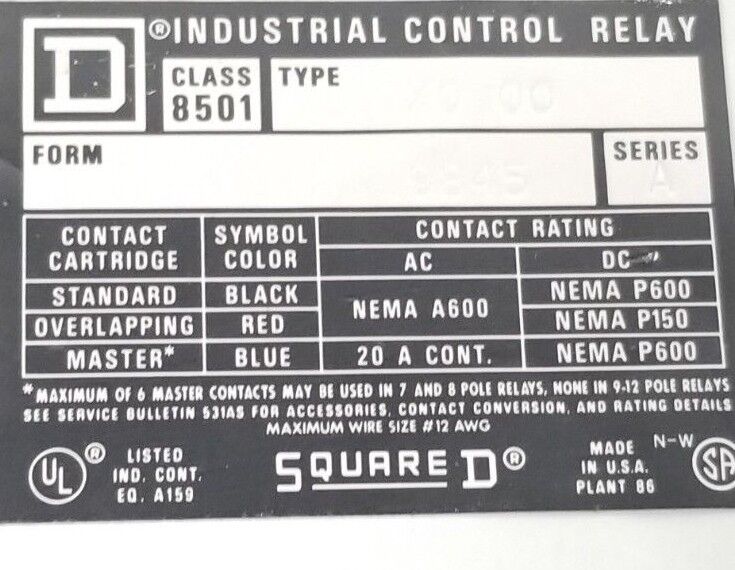 SQUARE D 8501-X0-00 CONTROL RELAY 9845 SER. A 9998-X62 W/ ADDER DECK 8501XC1