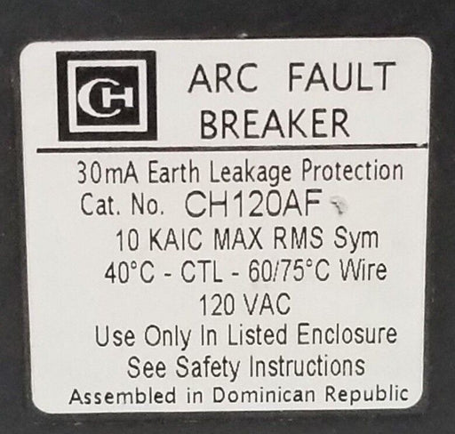 NEW CUTLER HAMMER CH120AF ARC FAULT BREAKER 20A 1P 120VAC 96-5654-2 D7A