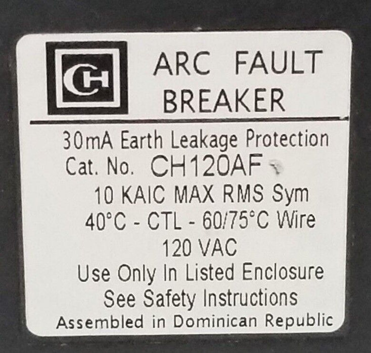 NEW CUTLER HAMMER CH120AF ARC FAULT BREAKER 20A 1P 120VAC 96-5654-2 D7A