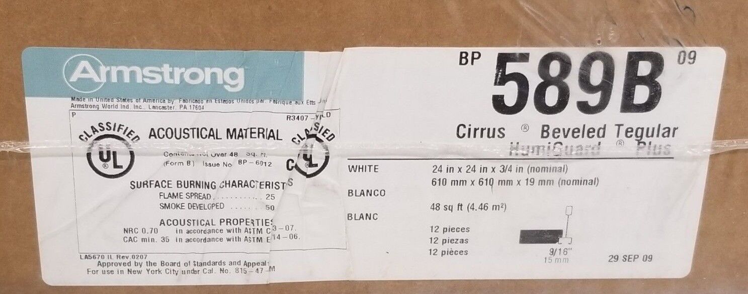 NEW SEALED BOX OF 12 ARMSTRONG 589B ACOUSTICAL CEILING TILES CIRRUS BEVELED