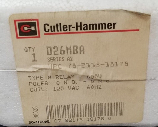 NIB CUTLER HAMMER D26MBA TYPE: M RELAY SER. A2 600V 120VAC-60HZ 0 N.O.-0 N.C.