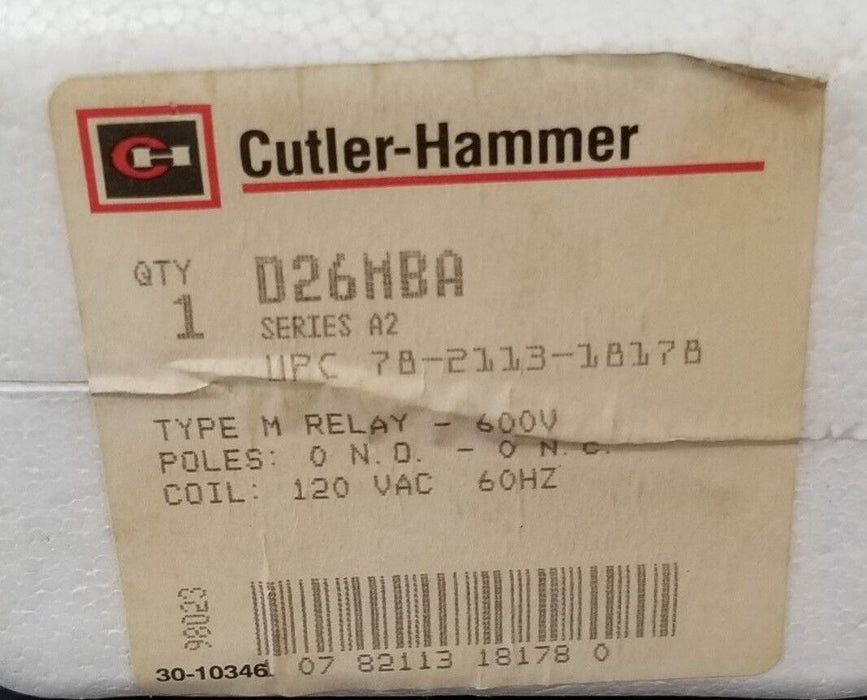 NIB CUTLER HAMMER D26MBA TYPE: M RELAY SER. A2 600V 120VAC-60HZ 0 N.O.-0 N.C.