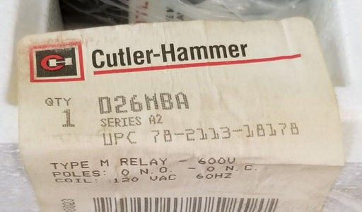 NEW CUTLER HAMMER D26MBA TYPE: M RELAY SER. A2 600V 120VAC-60HZ 0 N.O.-0 N.C.