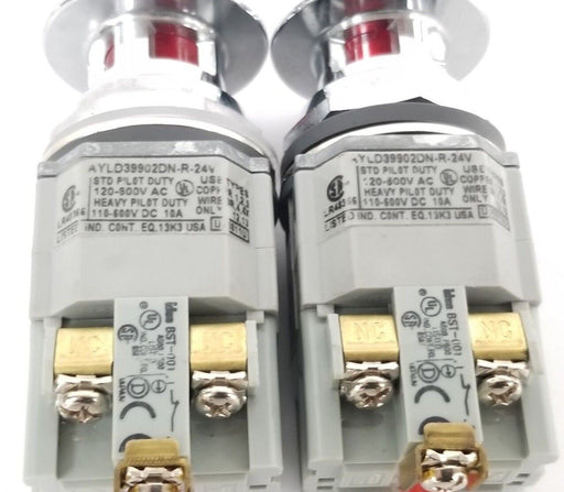 LOT OF 2 IDEC AYLD39902DN-R-24V EMERGENCY STOP LIGHTED PUSHBUTTONS 120-600VAC