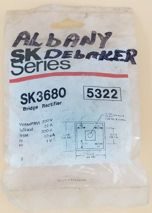NEW RCA SK3680 BRIDGE RECTIFIER SK SERIES 5322, 200V, 25A