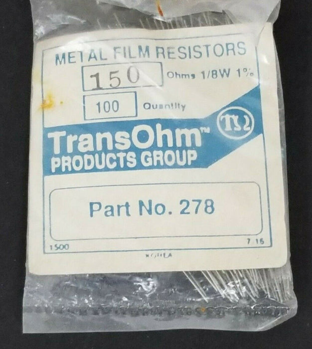 BAG OF 100 P/N: 278 METAL FILM RESISOTRS 150 OHMS 1/8W 1%