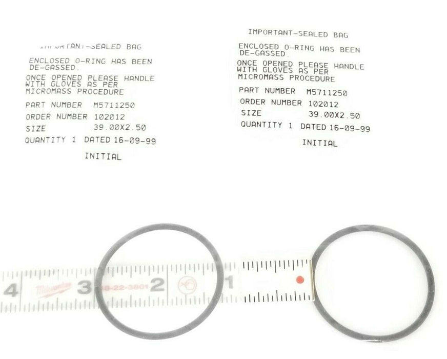 LOT OF 2 NEW WATERS MICROMASS M5711250 O-RINGS SIZE: 39.00X2.50