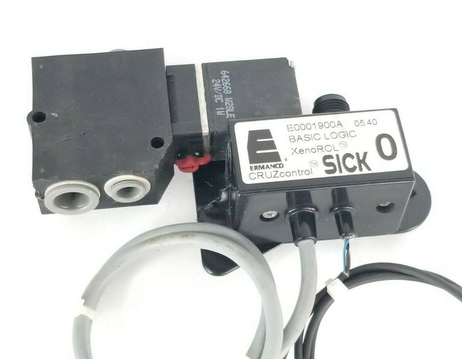 SICK OPTICS / ERMANCO E0001900A PHOTOEYE SENSOR XENOROL W/ 642668 SOLENOID 24VDC