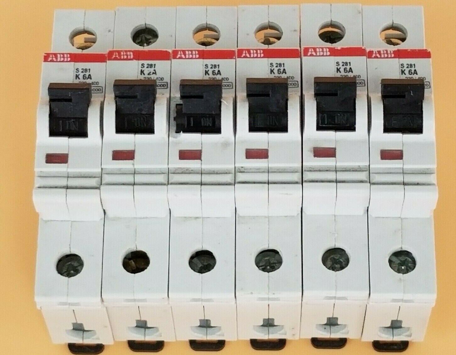 LOT OF 6 ABB S281-K6 CIRCUIT BREAKERS, 6AMP, 230/400VAC, 1POLE, S281K6A