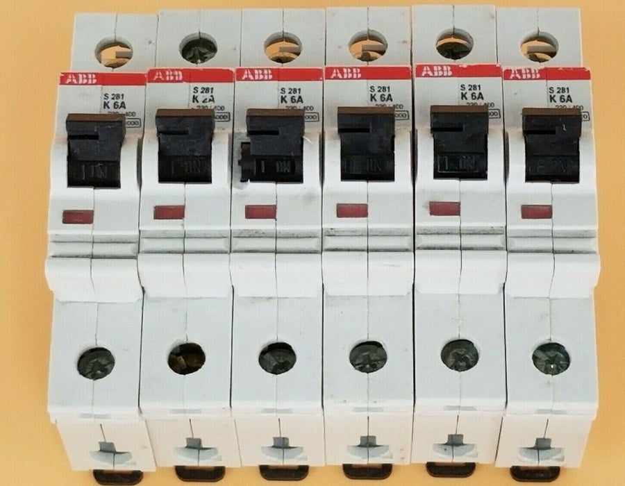 LOT OF 6 ABB S281-K6 CIRCUIT BREAKERS, 6AMP, 230/400VAC, 1POLE, S281K6A