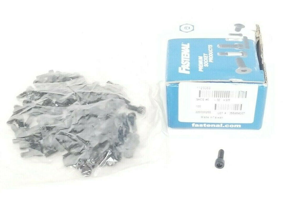 BOX OF 100 NEW FASTENAL 1123083 HEX DRIVE BLACK OXIDE CAP SCREWS SHCS #6-32x3/8