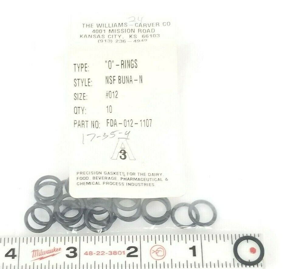 NEW BAG OF 24 WILLAIMS-CARVER CO. FDA-012-1107 O-RINGS NSF BUNA-N #012