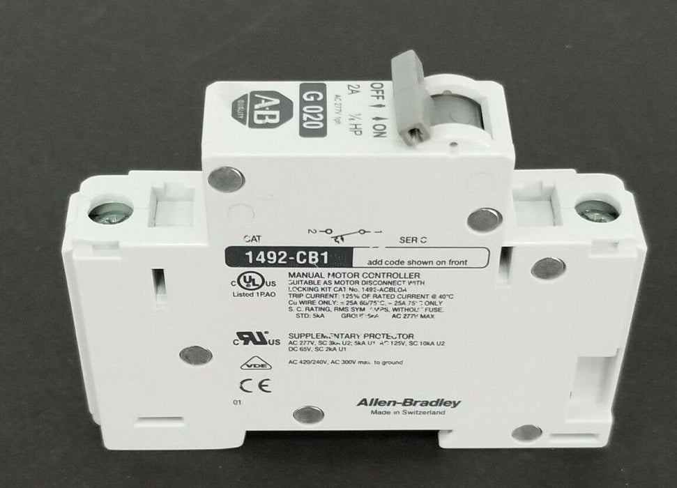 NEW ALLEN BRADLEY 1492-CB1G020 CIRCUIT BREAKER 1P 2A 1/6HP 277VAC 1PH SER. C