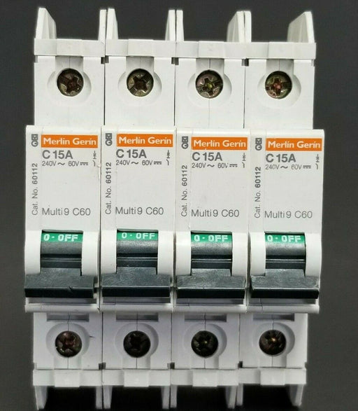 LOT OF 4 MERLIN GERIN CAT. NO. 60112 MULTI9 C60 CIRCUIT BREAKERS C15A 240V/60V