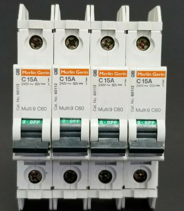LOT OF 4 MERLIN GERIN CAT. NO. 60112 MULTI9 C60 CIRCUIT BREAKERS C15A 240V/60V