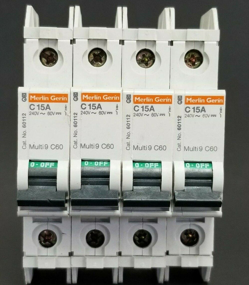 LOT OF 4 MERLIN GERIN CAT. NO. 60112 MULTI9 C60 CIRCUIT BREAKERS C15A 240V/60V