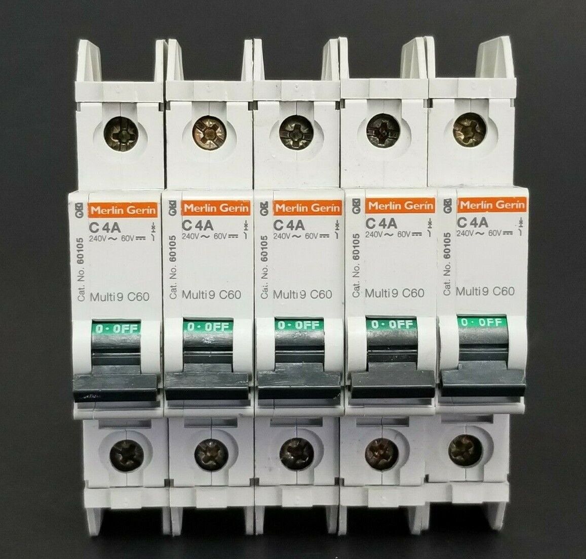 LOT OF 5 MERLIN GERIN CAT. NO. 60105 MULTI9 C60 CIRCUIT BREAKERS C4A 240V/60V