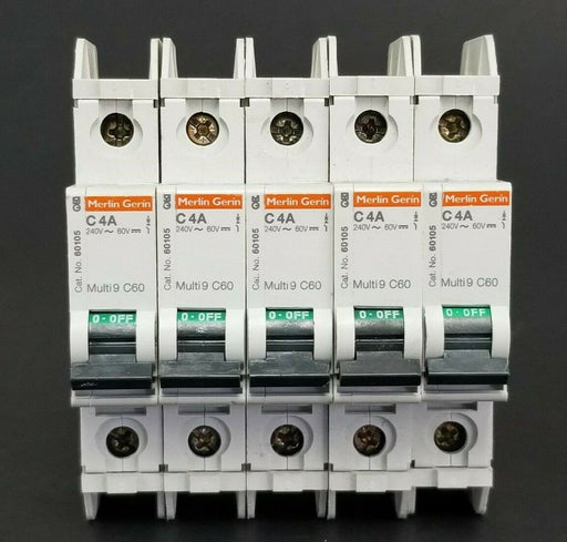 LOT OF 5 MERLIN GERIN CAT. NO. 60105 MULTI9 C60 CIRCUIT BREAKERS C4A 240V/60V
