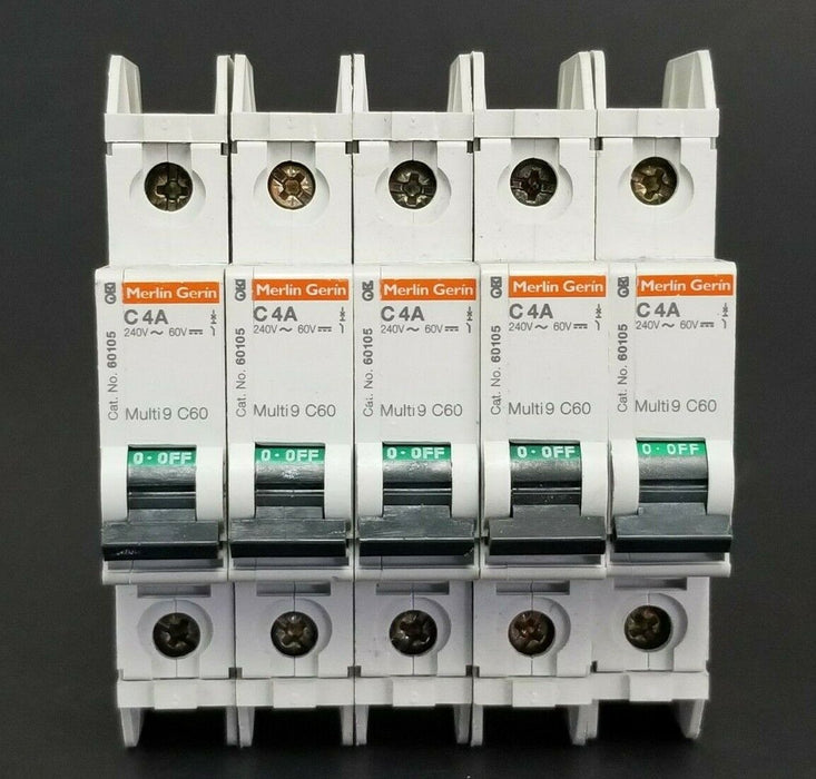 LOT OF 5 MERLIN GERIN CAT. NO. 60105 MULTI9 C60 CIRCUIT BREAKERS C4A 240V/60V