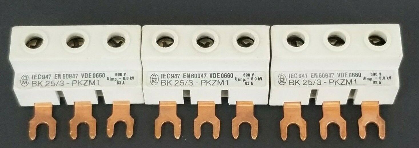 LOT OF 3 MOELLER BK25/3-PKZM1 CONNECTOR FEEDER TERMINALS 63AMP, 3P, 690VAC, 6KV