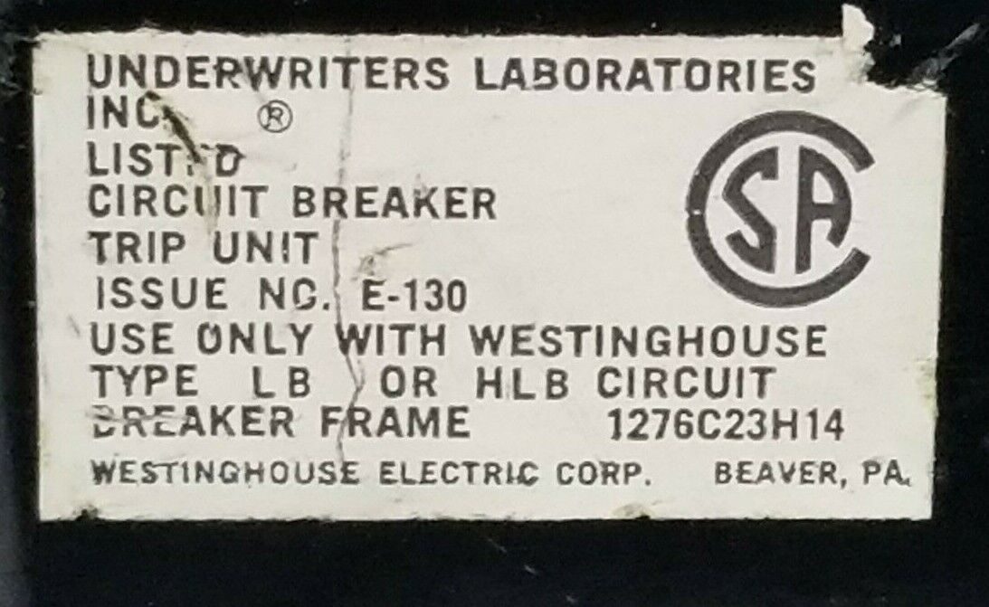 WESTINGHOUSE HLB3400T TRIP UNIT 400A 3P E-130 1276C23H14 229P166H02