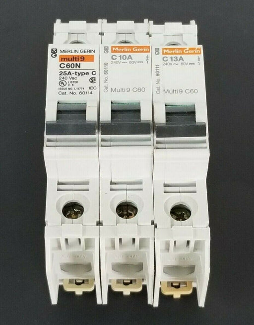 LOT OF 3 MERLIN GERIN CIRCUIT BREAKERS 60114 , 60110 , 60111 C60N C10A C13A