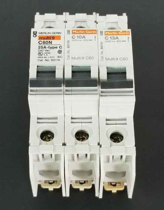 LOT OF 3 MERLIN GERIN CIRCUIT BREAKERS 60114 , 60110 , 60111 C60N C10A C13A