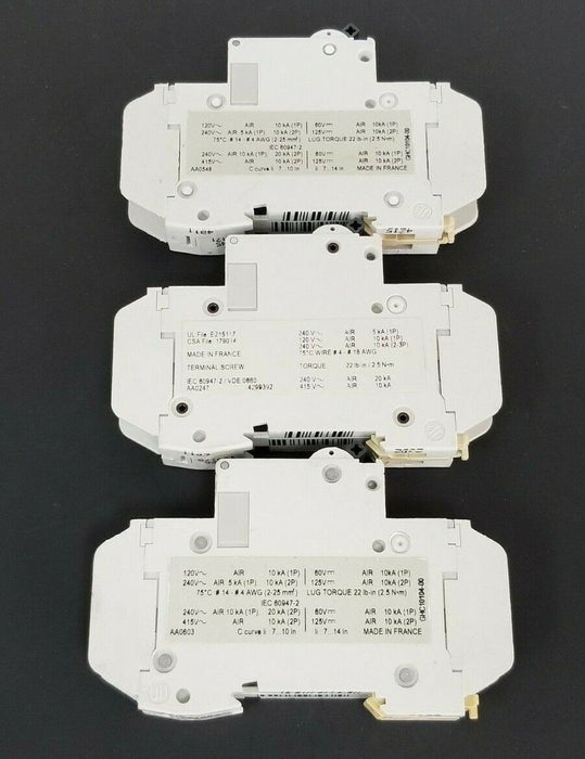 LOT OF 3 MERLIN GERIN CIRCUIT BREAKERS 60114 , 60110 , 60111 C60N C10A C13A
