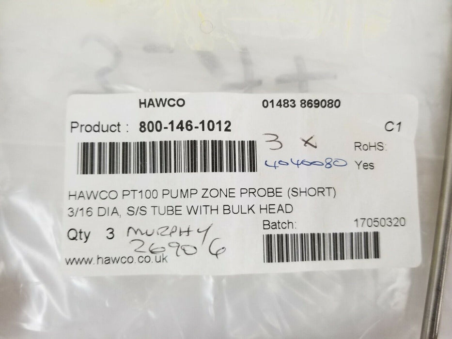 LOT OF 3 NEW IN BAG HAWCO PT100 PUMP ZONE PROBES 3/16 DIA. S/S TUBE W/ BULKHEAD