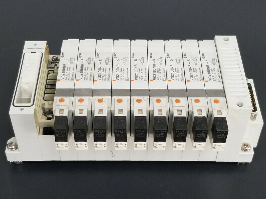 SMC 10 POS. MANIFOLD BLOCK WITH (9) VQ2100NR-5 PLUG-IN SOLENOID VALVES VQ2100NR5