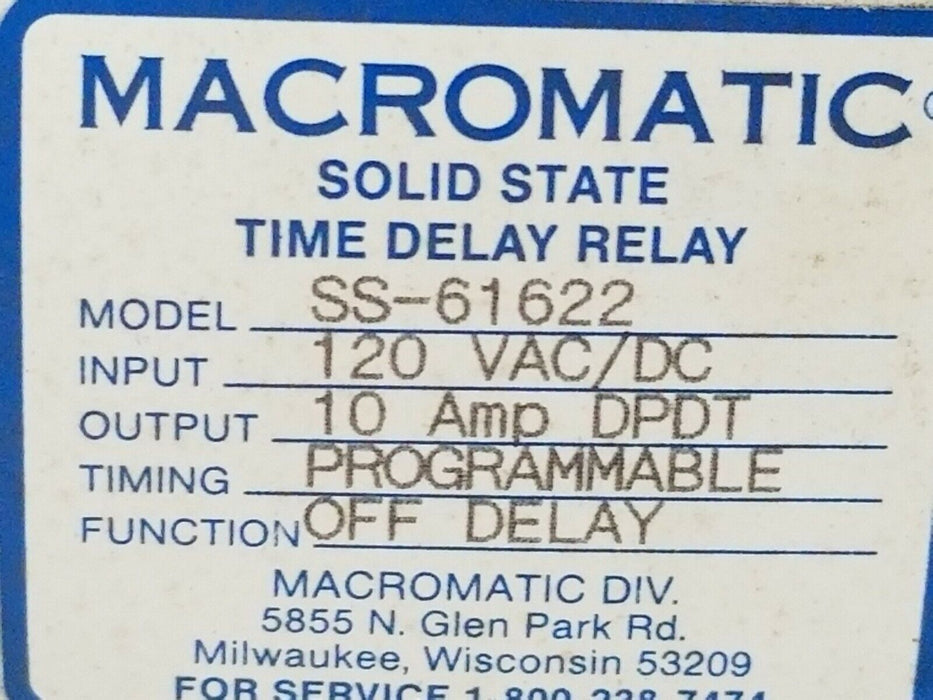 NIB MACROMATIC SS-61622 SOLID STATE TIME DELAY RELAY SS61622, 120 VAC/DC, 10 AMP