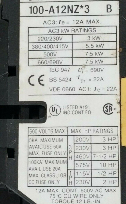 ALLEN BRADLEY 100-A12NZ*3 CONTACTOR 100A12NZ3, 24V DC, SERIES B