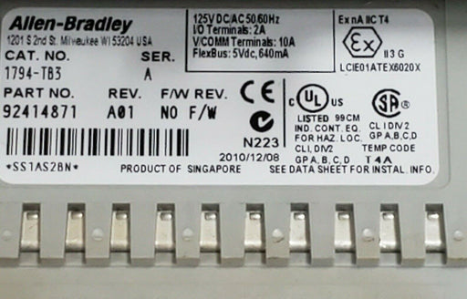 LOT OF 2 ALLEN BRADLEY 1794-TB3 TERMINAL BASE 1794TB3 SER. A REV. A01 P/N: 92414