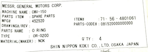 LOT OF 4 NEW MESSR. SHIN NIPPON KOKI CO. 452520 O-RINGS 71-56-4801061