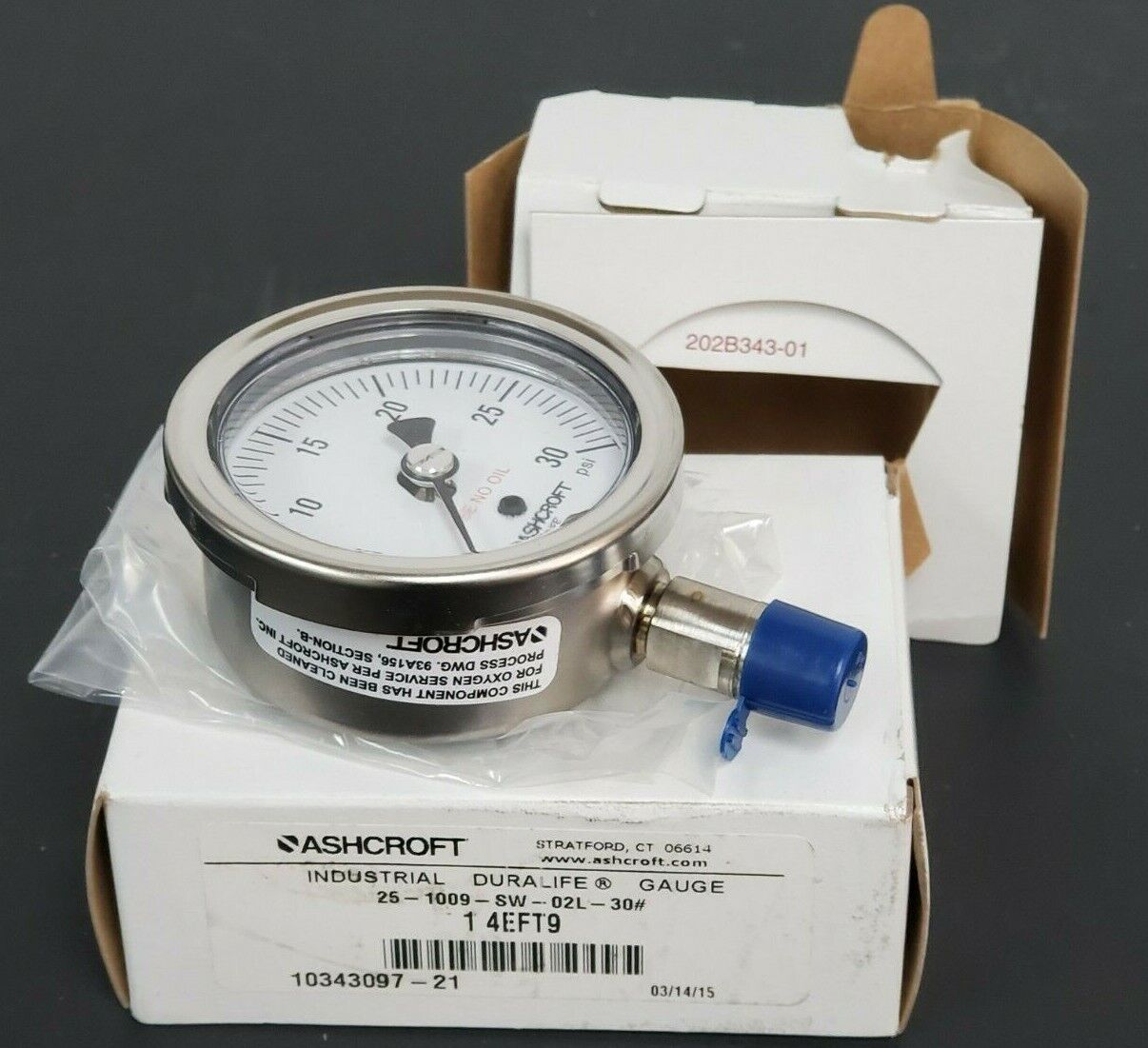 NIB ASHCROFT 25-1009-SW-02L-30# INDUSTRIAL DURALIFE GAUGE 1 4EFT9, 10343097-21