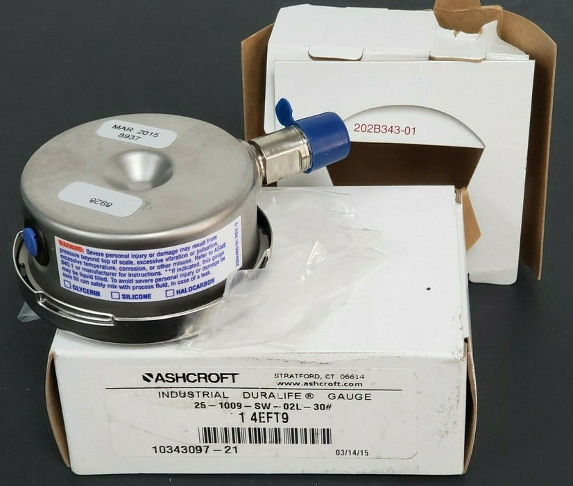NIB ASHCROFT 25-1009-SW-02L-30# INDUSTRIAL DURALIFE GAUGE 1 4EFT9, 10343097-21