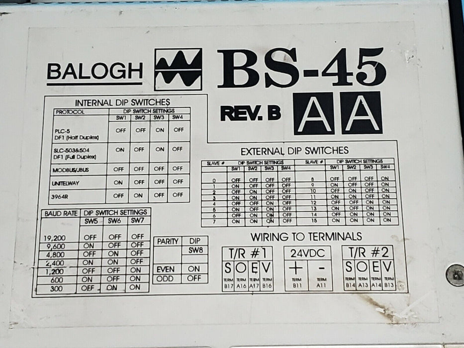 BALOGH BS-45AA SERIAL CONTROL UNIT REV. B HOUSING ASSEMBLY BS45AA