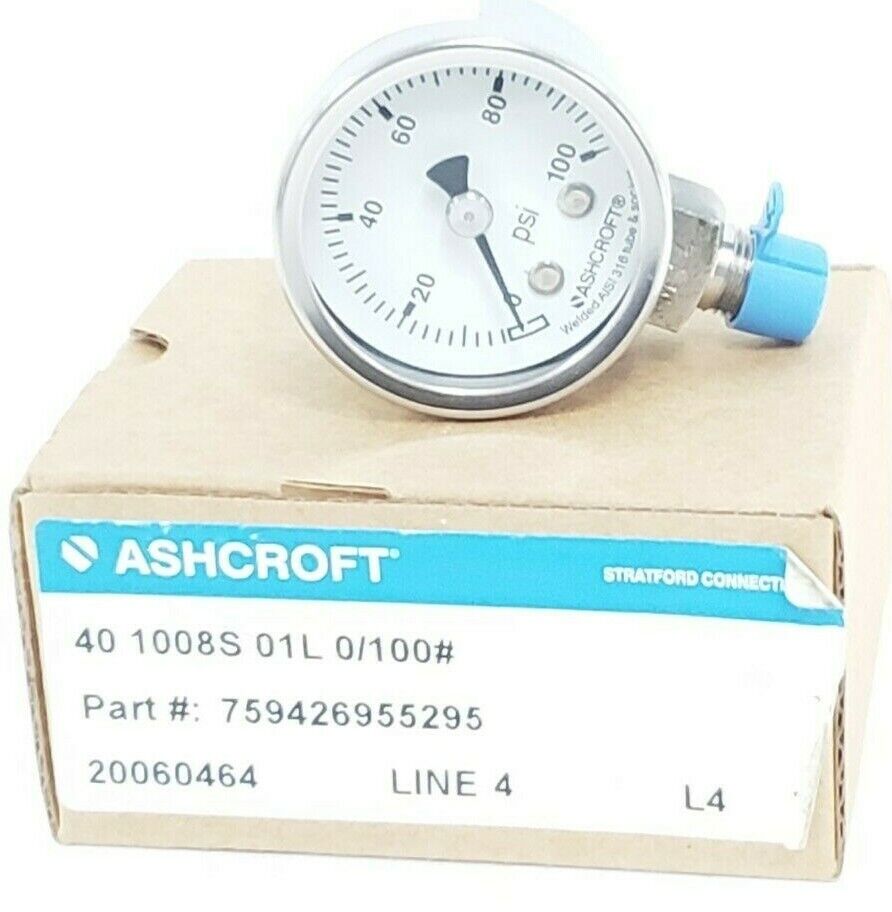 NIB ASHCROFT 40 1008S 01L 0/100 PRESSURE GAUGE P/N: 759426955295