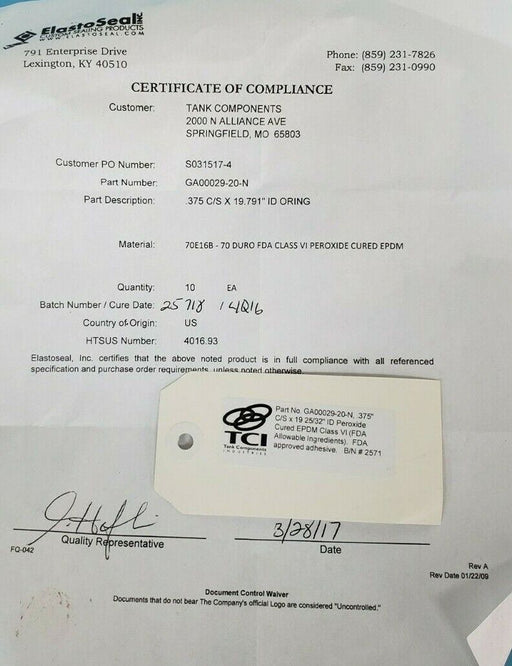 LOT OF 3 NEW TCI TANK COMPONENTS GA00029-20-N 0.375" C/S X 19.791" ID O-RINGS