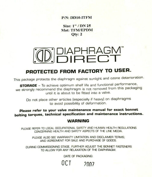 LOT OF 2 NEW DIAPHRAGM DIRECT P/N: DD10-ITFM SIZE: 1'' / DN 25 MAT: TFM/EPDM
