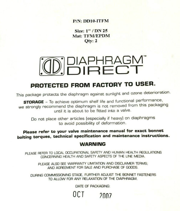LOT OF 2 NEW DIAPHRAGM DIRECT P/N: DD10-ITFM SIZE: 1'' / DN 25 MAT: TFM/EPDM