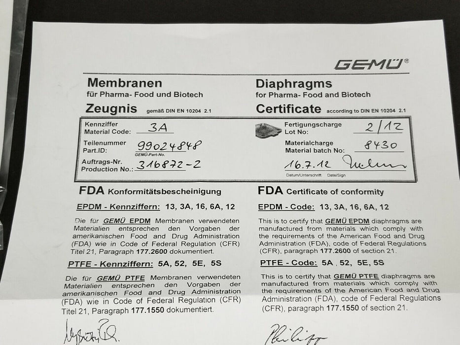 LOT OF 4 NEW GEMU EDV-NR. 39541 600-8M3A DIAPHRAGMS EBL 44549926 CD35 99024848