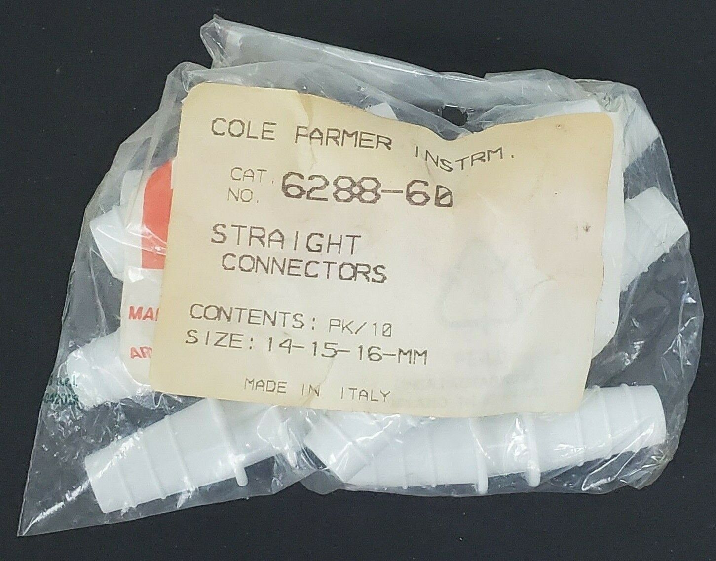 PACK OF 10 NEW COLE PARMER INSTRM. 6288-60 STRAIGHT CONNECTORS SIZE: 14-15-16MM