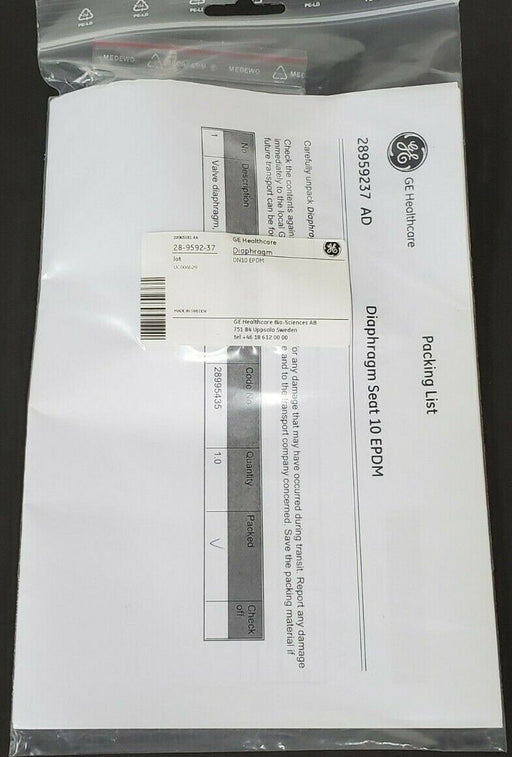 NEW GE HEALTHCARE 28-9592-37 VALVE DIAPHRAGMS DN10 EPDM 28959237 AD