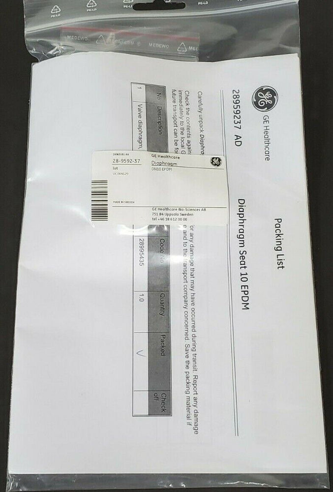 NEW GE HEALTHCARE 28-9592-37 VALVE DIAPHRAGMS DN10 EPDM 28959237 AD
