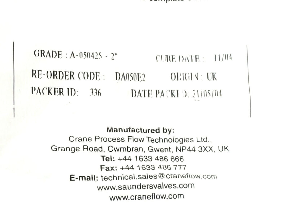 NEW SAUNDERS DA050E2 DIAPHRAGM 2'' A-050425-2''