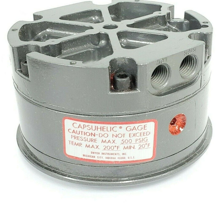 NIB DWYER MODEL 4330 CAPSUHELIC PRESSURE GAGE, 15-0-15" INCHES OF WATER, 500PSIG