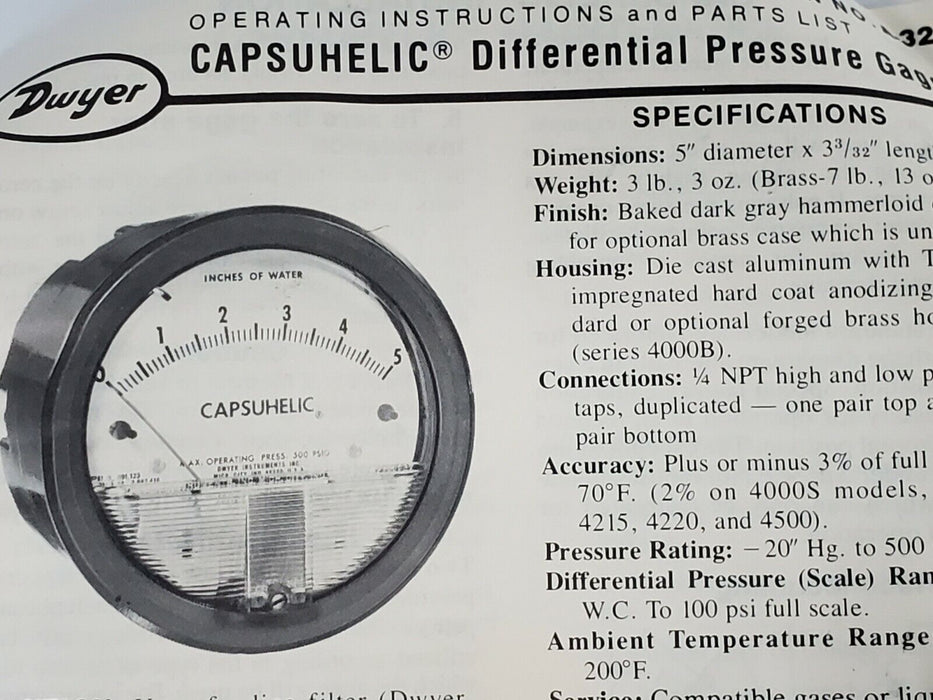 NIB DWYER MODEL 4330 CAPSUHELIC PRESSURE GAGE, 15-0-15" INCHES OF WATER, 500PSIG